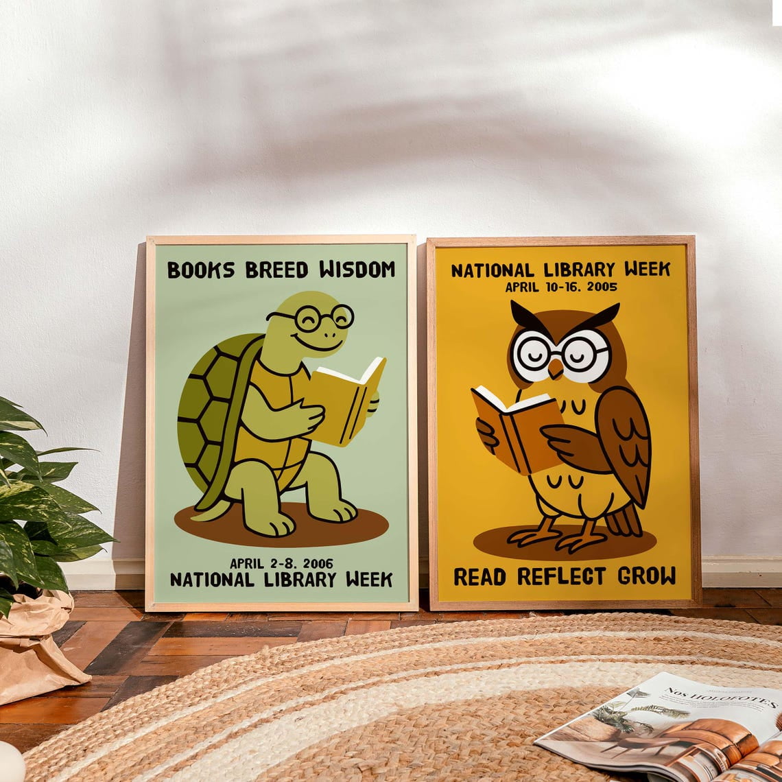 Set Of 2 National Week Wall Art Prints Retro Reading Vintage Classroom And Library Decor