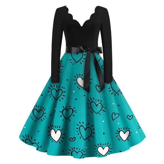 Valentines Day Dress Women V-Neck Long Sleeve A-Line Tie Bow Love Heart Printed Dresses Vintage Cosplay Party Dress Cyan 2XL