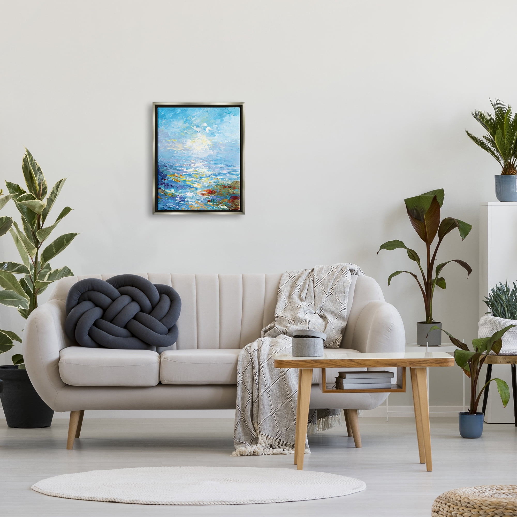 Stupell Industries Abstract Ocean Bliss Blue Landscape Painting Gray Floater Framed Canvas Art Print Wall Art, 17 x 21