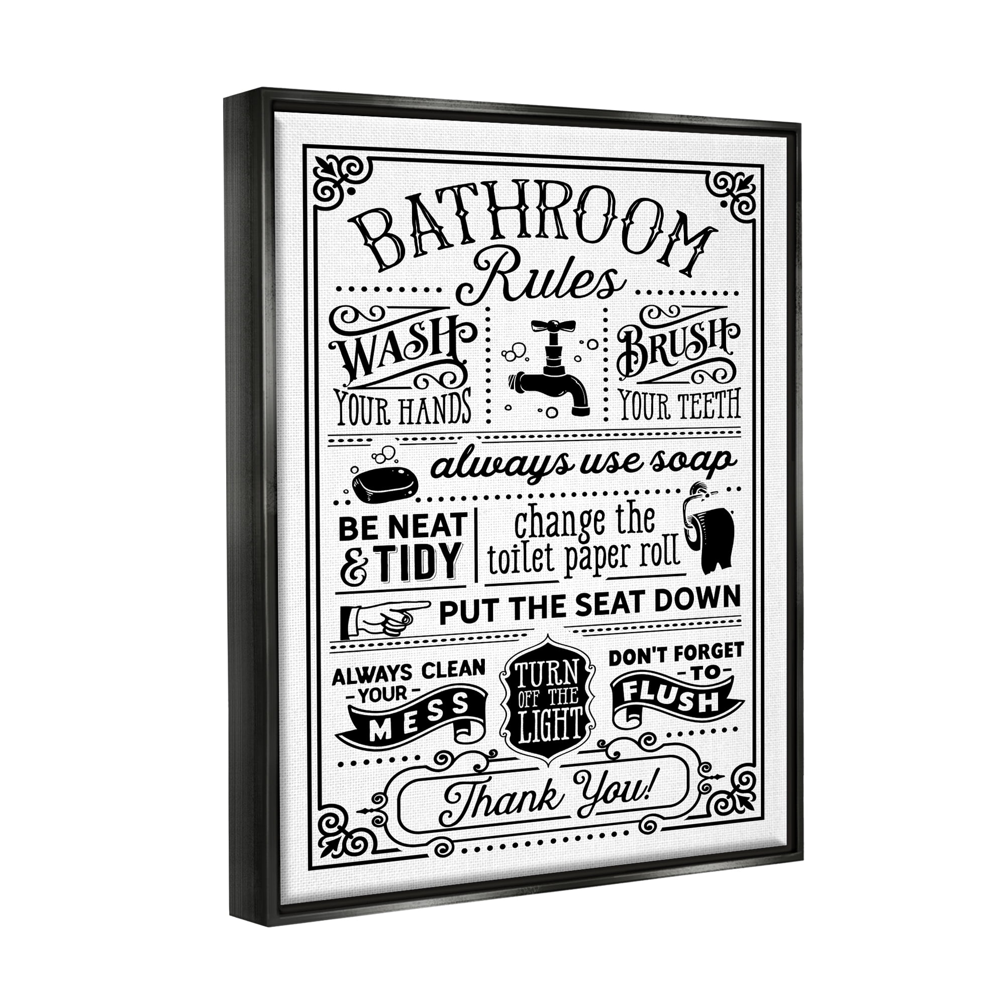 Stupell Industries Vintage Style Bathroom Rules Diagram List Border Graphic Art Jet Black Floating Framed Canvas Print Wall Art, Design by Lettered and Lined