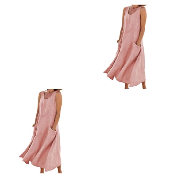 Vestido de lino de algodón Qarigey sin mangas boho casual Rosa/L 2piezas