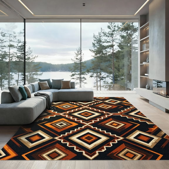 ODIKA 4'x6' Machine Washable Non-Slip Area Rug, Aztec Burnt Orange High Traffic Rug, Orange, 1165192