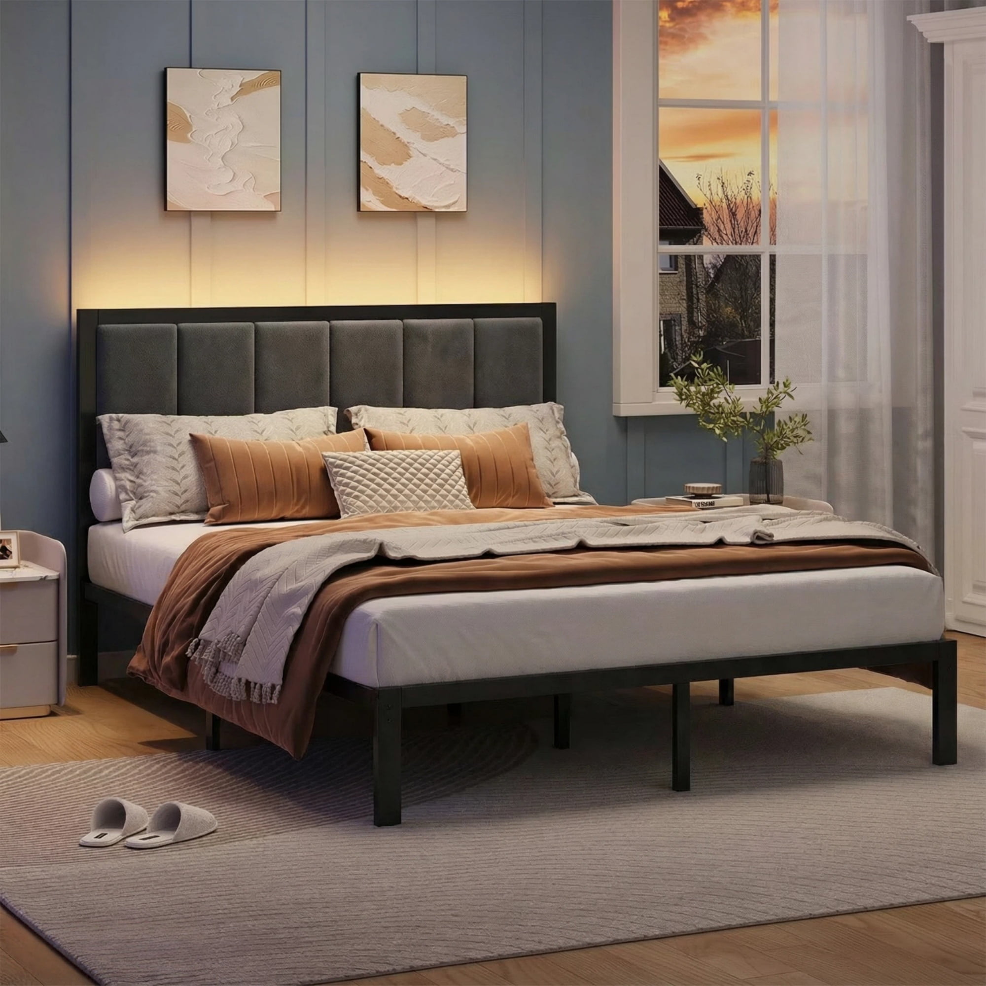 OLEVS Queen Size Bed Frame with Upholstered Headboard, LED Light and USB Socket, No Box Spring Needed