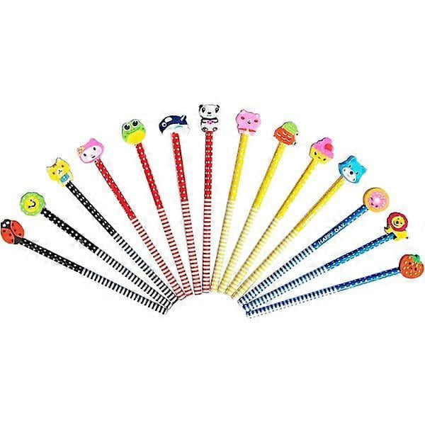 28 pcs Mixed Cartoon Stripes Colored Wood Pencils with Fruit Animal Top Pencil Sharpener