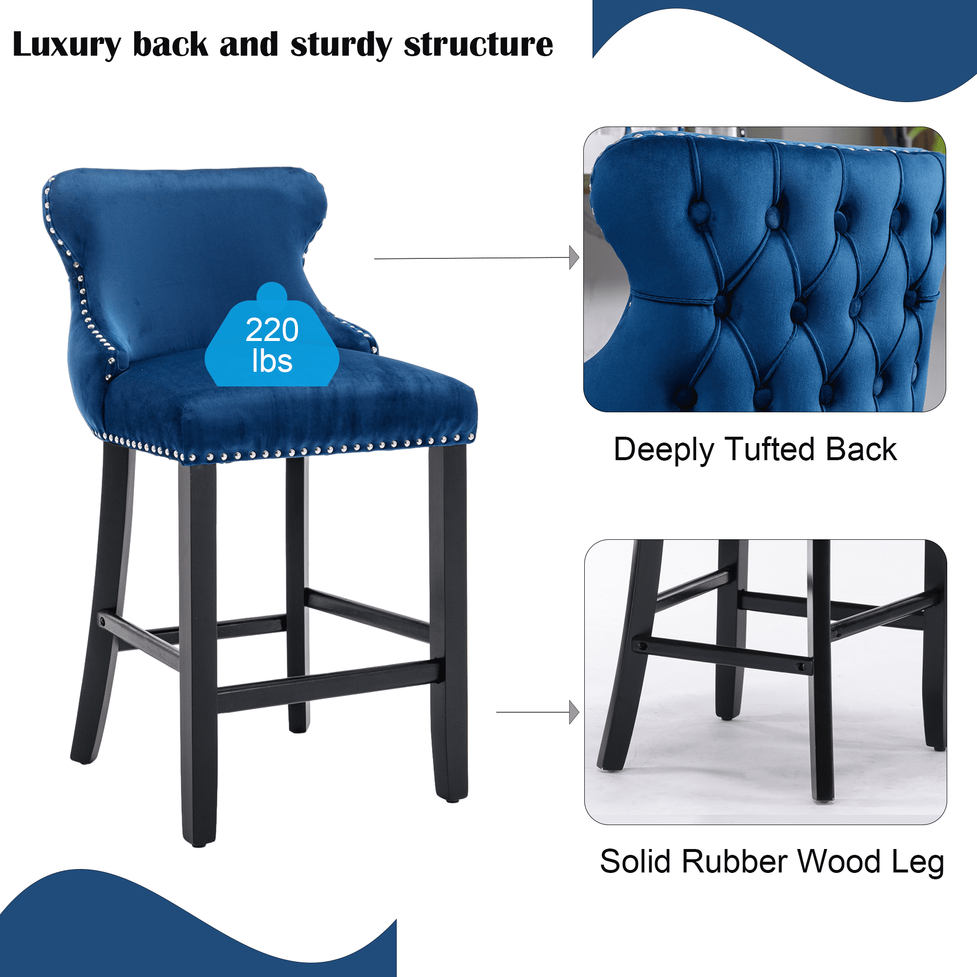 Velvet Counter Height Upholstered Barstools, Bar Stools Seat Height 27", Counter Height Armless Bar Chairs Button Tufted with Solid Wood Legs and Footrest for Kitchen Island Bar Area (Set of 2)