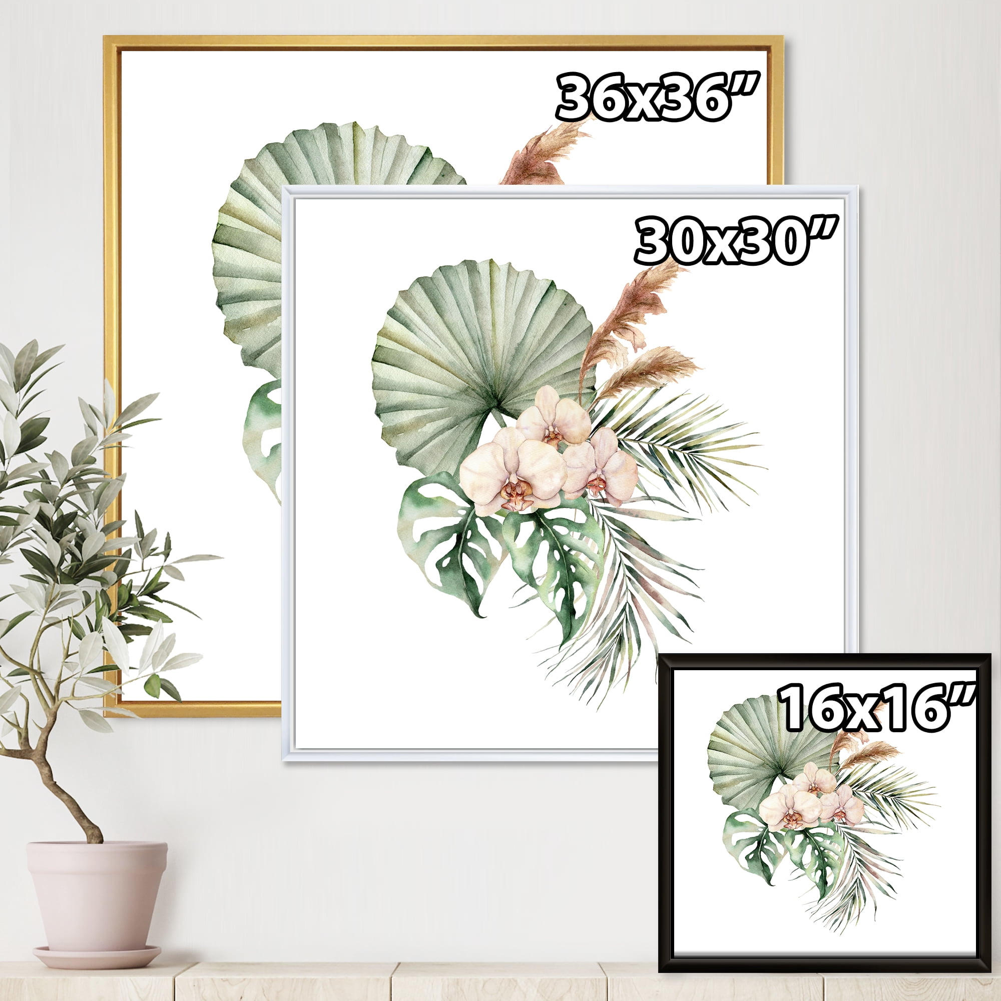 Tropical Bouquet With Palm Orchids Leaves 16 in x 16 in Framed Painting Canvas Art Print, by Designart