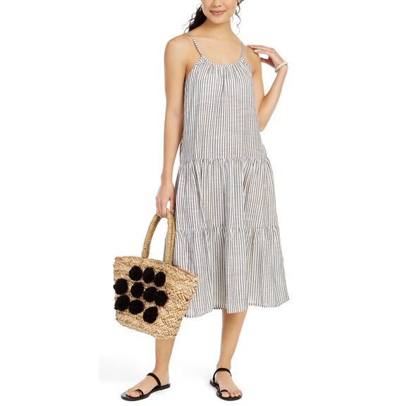 Raviya BLACK STRIPE Sleeveless Cotton Cover-up Midi Dress, US Medium