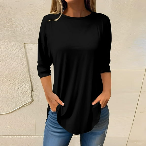 Black Summer T Shirts for Women, Polyester Women'S Tops Plus Size, 3/4 Sleeve Womens Plus Size T Shirts, Blouse for Women, Solid Color Weekend Solid Color Plus Size Spring Blouses