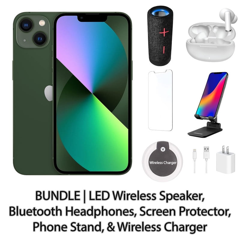 Restored Apple iPhone 13 256GB Green Fully Unlocked Bundle: LED Wireless Speaker, Bluetooth Headphones, Screen Protector, Wireless Charger, & Phone Stand (Refurbished)