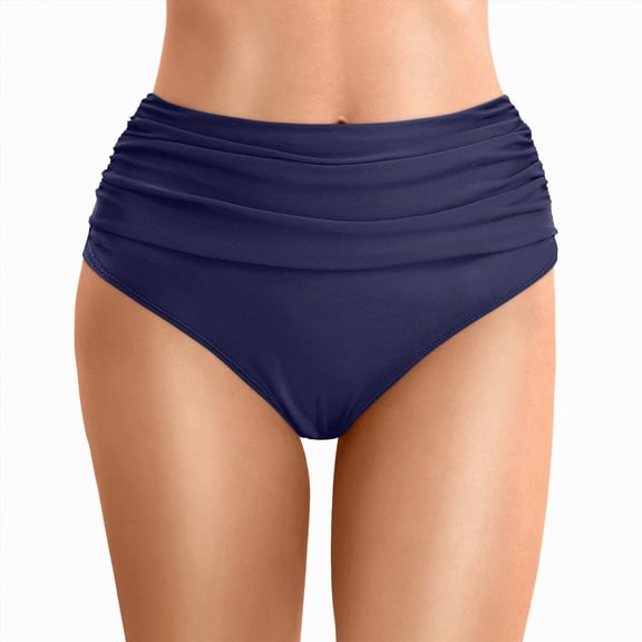 HCNTES Women's High Waisted Bikini Bottoms Tummy Control Ruched Swimsuit Bottoms(Dark Blue,XXL)