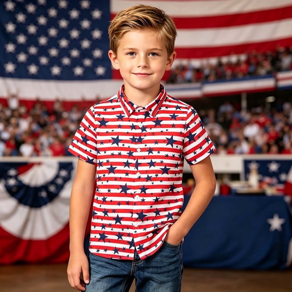 FYDUU Boys American Flag Shirt Kids 4th Of July Patriotic Shirts Freedom Independence Day Short Sleeve Button Down Shirts Stripe Star Printed Shirt Tops 11-12 Years