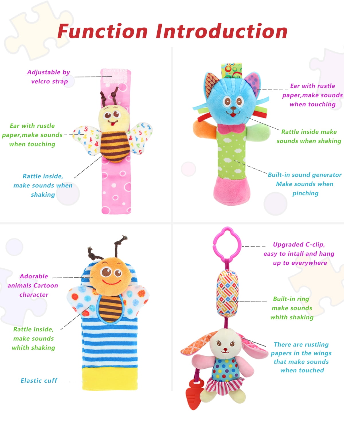 Wrist Rattles Foot Finder Rattle Sock Baby Toy, Hanging Rattle Toy, Hand Bracelet Rattle, Feet Leg Ankle Socks, Activity Rattle Present Gift for Newborn Infant Babies Boy Girl (12 pcs-B)