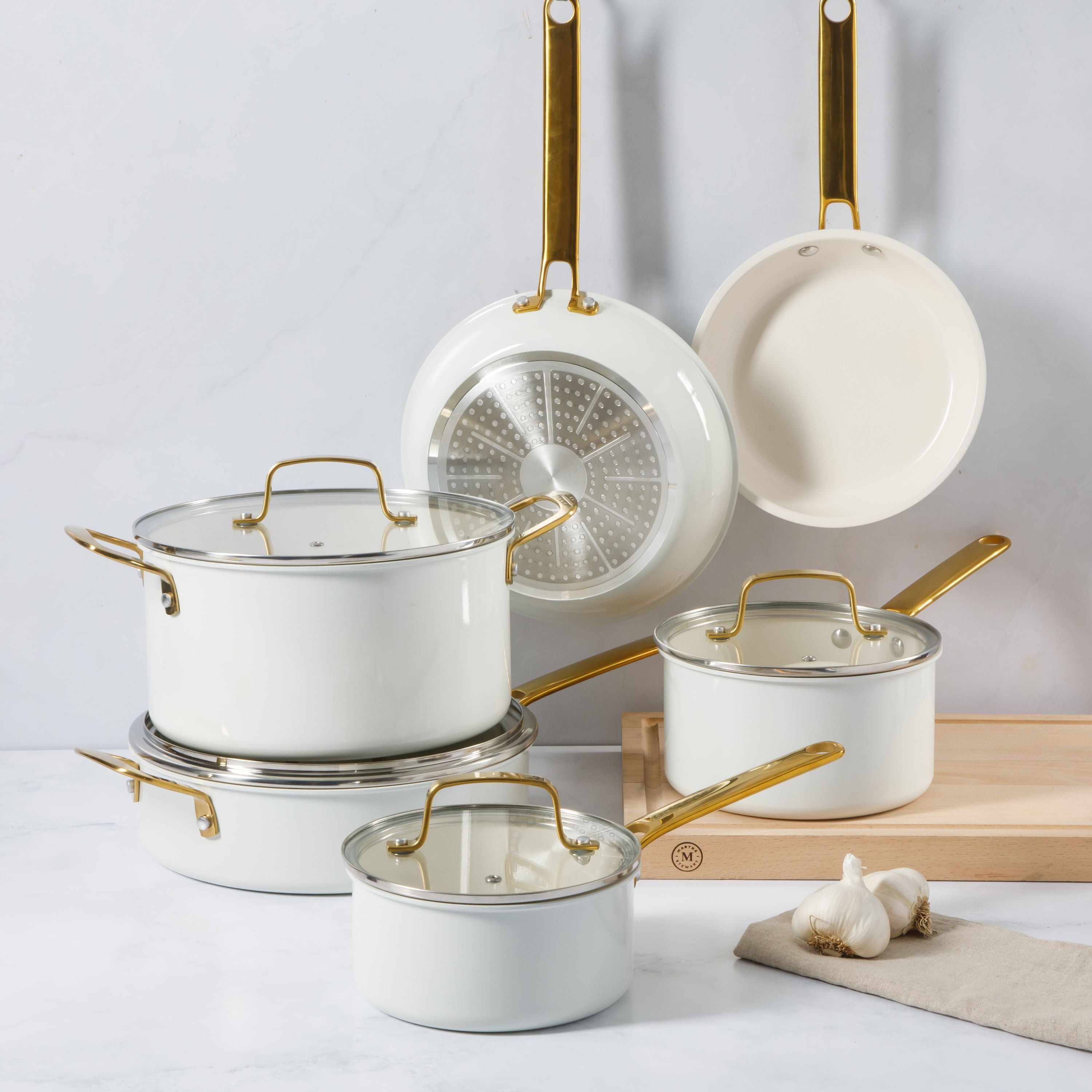 Martha Stewart Everyday Emmie 10-Piece Non-Stick Aluminum Cookware Set, Cooking Pots and Pans Set, Linen