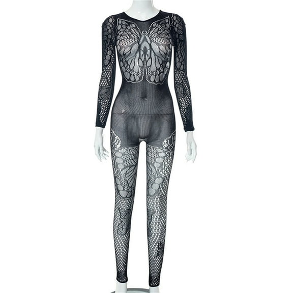 Yokua Stylish Black Long Sleeve Bodysuit Sexy Jumpsuit with Butterfly Pattern Prints