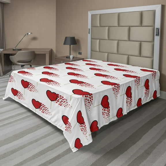 Ambesonne Valentine's Day Flat Sheet, Hearts Lollipops, Queen Size, Vermilion Pearl