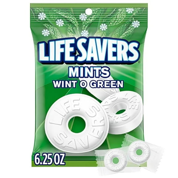 (1 pack) LIFE SAVERS Wint-O-Green Sugar Free Green Bag Individually Wrapped Breath Mints Hard Candy, 6.25 Oz Bag