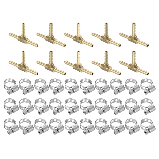 Uxcell 10 paquetes de accesorios de latón en forma de T, Tee de 3 vías 1/8" x 1/8" x 1/8" con 30 paquetes de abrazaderas para mangueras