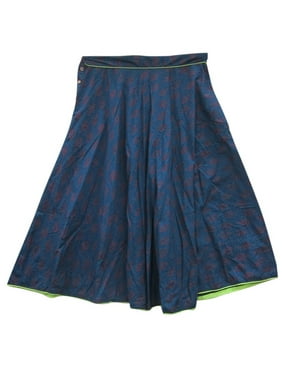 Mogul Womens Maxi Skirt Blue Printed Medieval Long Skirt