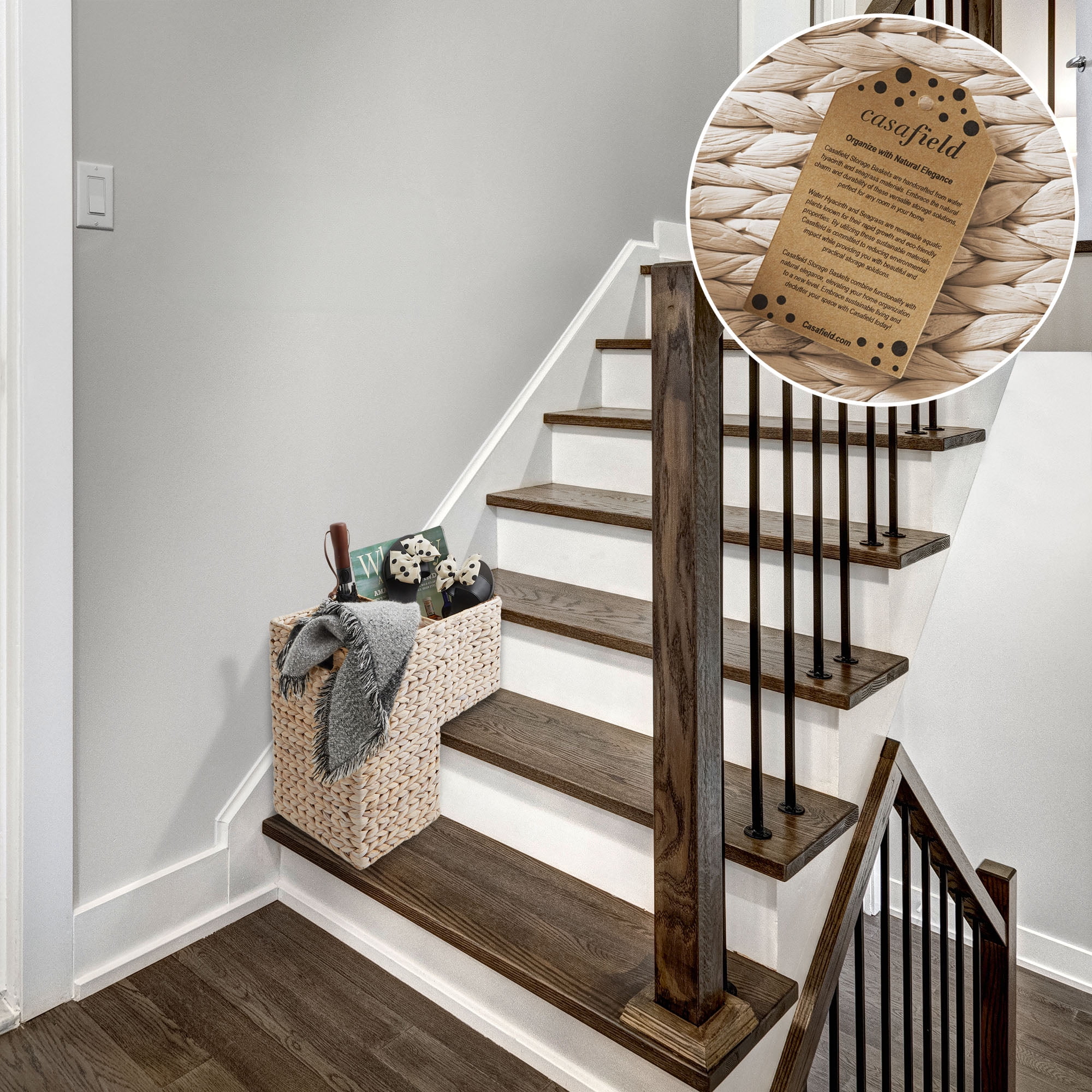 Casafield Stair Basket with Handles, Whitewash White - Woven Water Hyacinth Staircase Step Organizer Bin