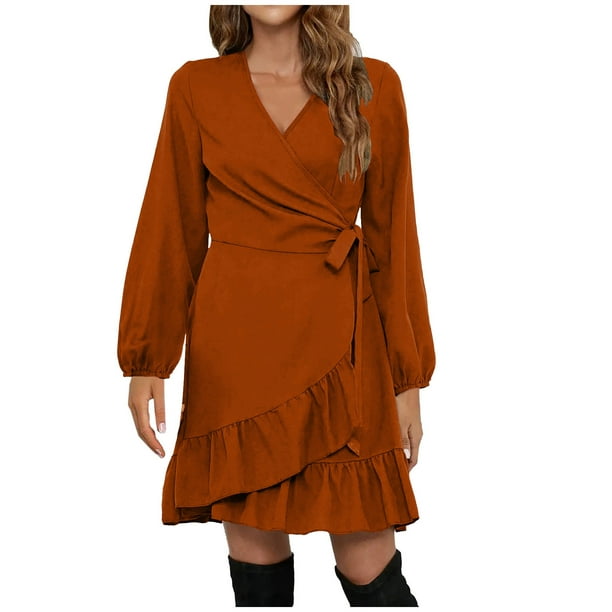 Vestidos Para Mujer Vestido de Manga Larga Casual Sólido Correas Sueltas Dobladillo Con Volantes Vestido Con Cuello en V Odeerbi ODB174672