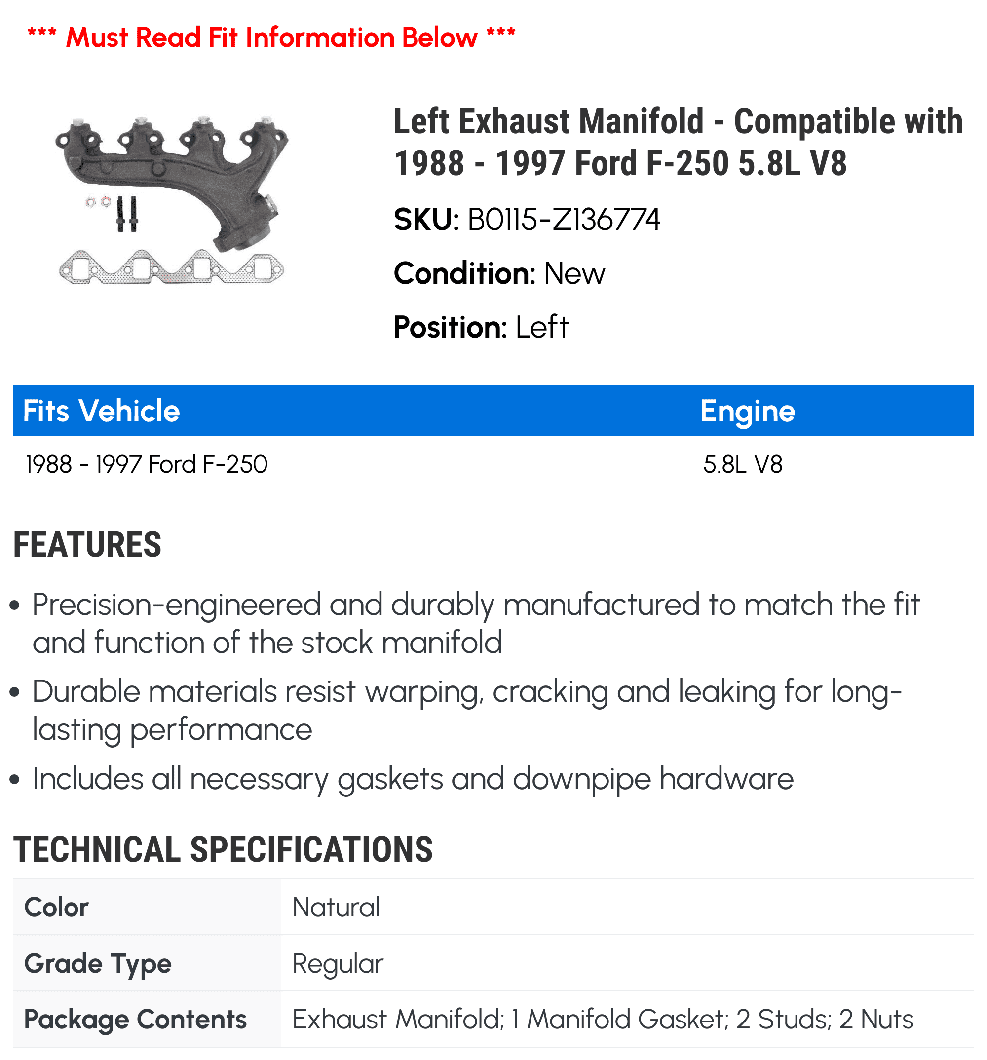 Left Exhaust Manifold - Compatible with 1988 - 1997 Ford F-250 5.8L V8 1989 1990 1991 1992 1993 1994 1995 1996