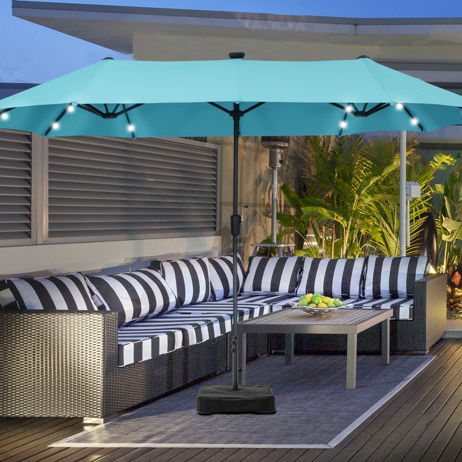 Ainfox 13ft Large Patio Umbrella with Solar Lights, Outdoor Double-Sided Rectangle Market Heavy Duty Umbrellas without Base,Blue