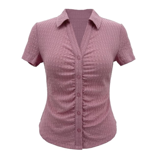Blusa George para Mujer Tipo Polo, Manga Corta, Pliegues y Botones en Pecho Rosa Talla EG