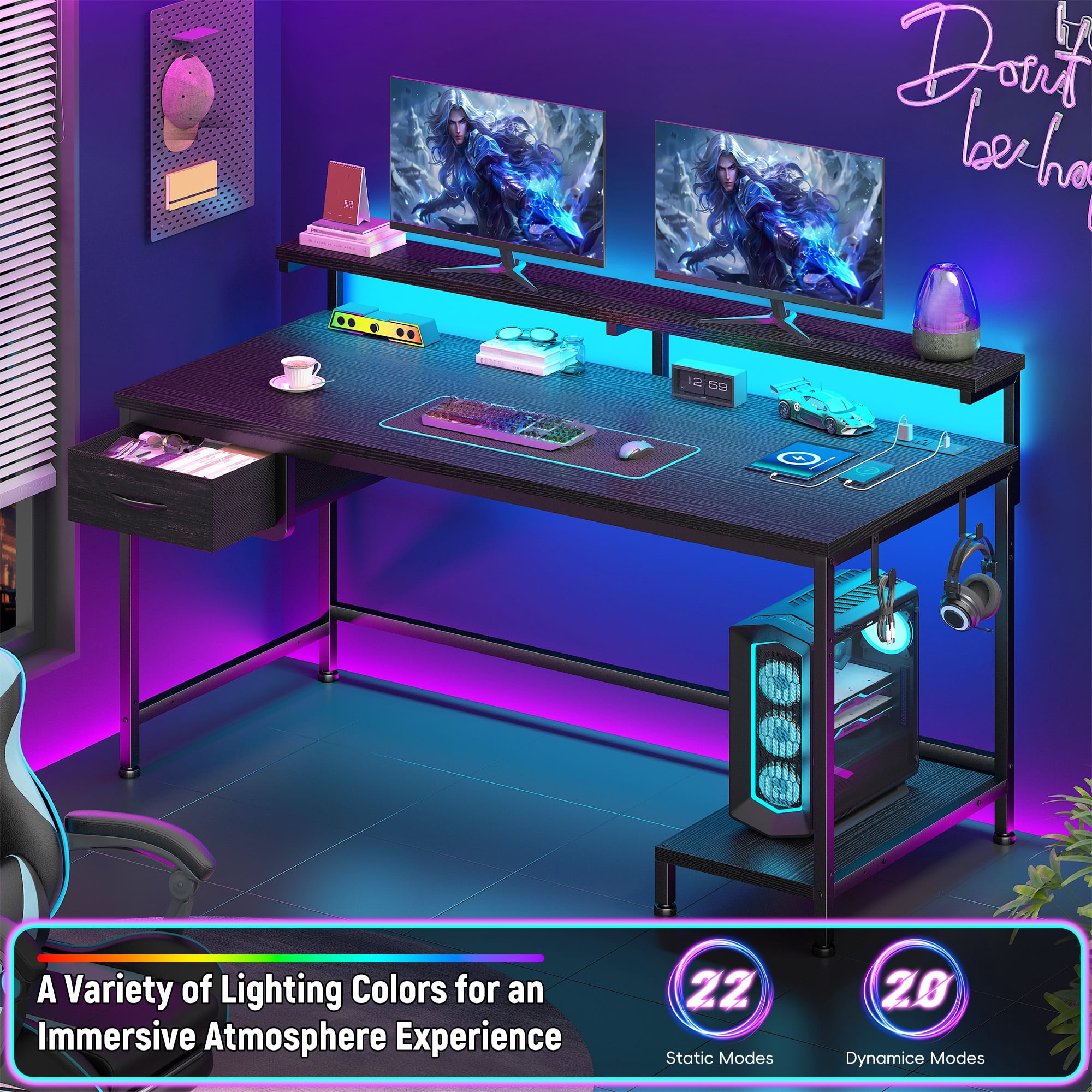 Romorgniz Gaming Desk with Power Outlet, Fabric Drawer & RGB LED Lights, Black Computer Desk with Adjustable Monitor Stand & CPU Holder for Home Office