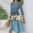 thumbnail image 4 of WTOBBY Women's Elegant Floral Print Waistband Round Neck 3/4 Sleeve Dress, Flowy Casual Sundress with Feminine Silhouette for Outings,Blue 2XL, 4 of 5