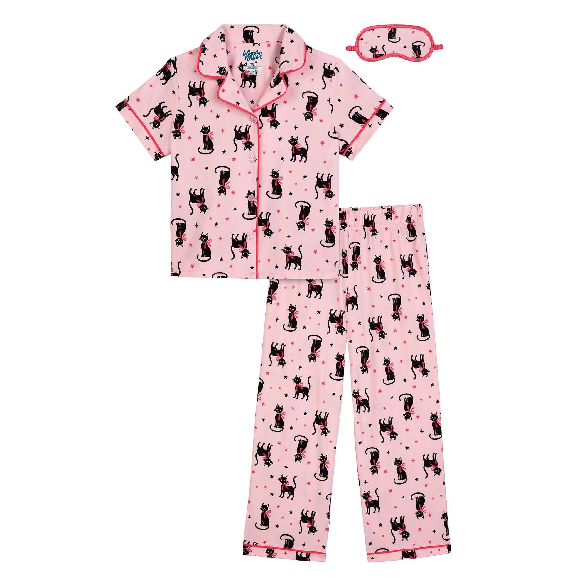 Wonder Nation Girls Short Sleeve Button Front Pajama Top and Pants Set with Eyemask, 3-Piece, Sizes 4-18