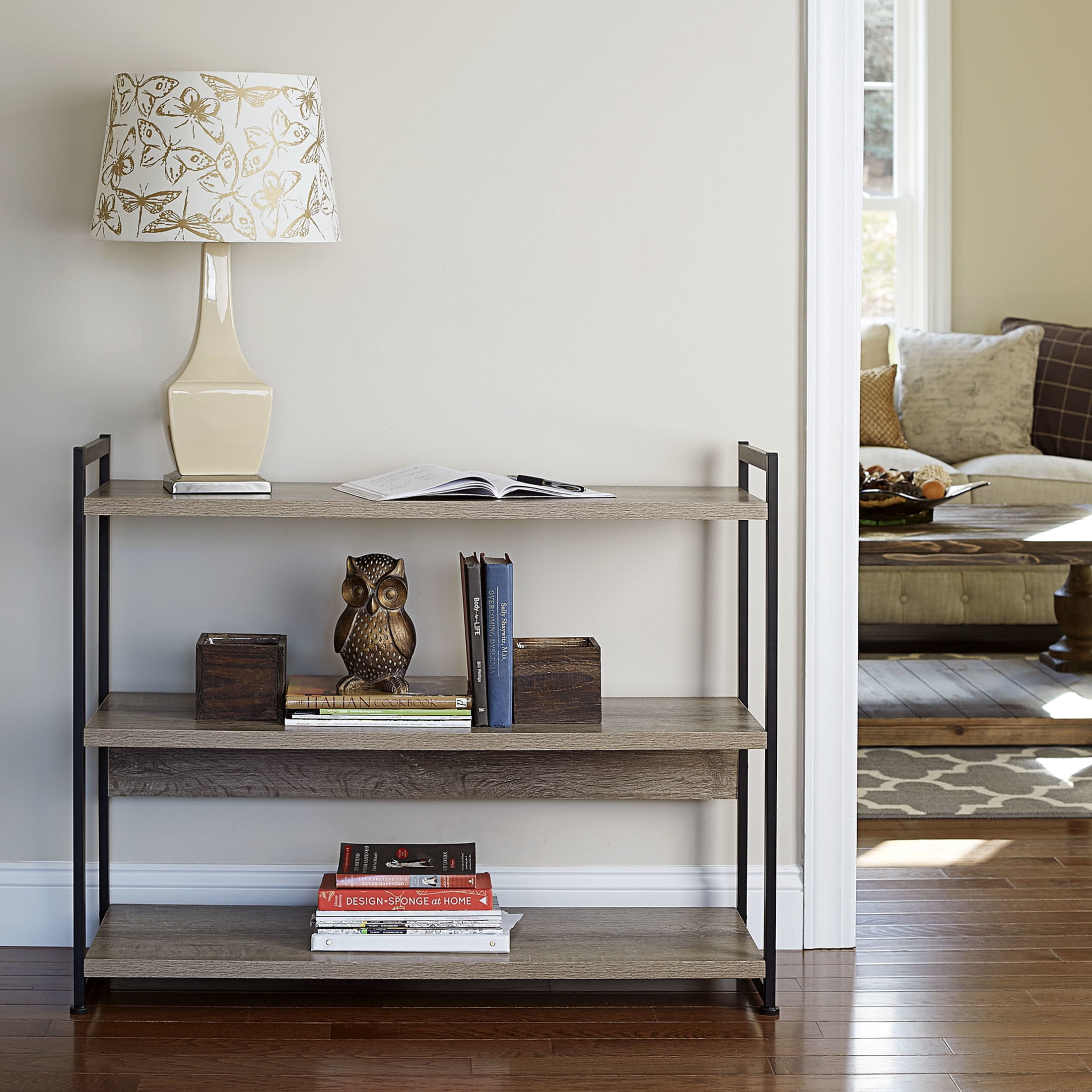 Household Essentials Jamestown Wide 3 Shelf Open Storage Bookshelf Ashwood Rustic Wood Grain and Black Metal