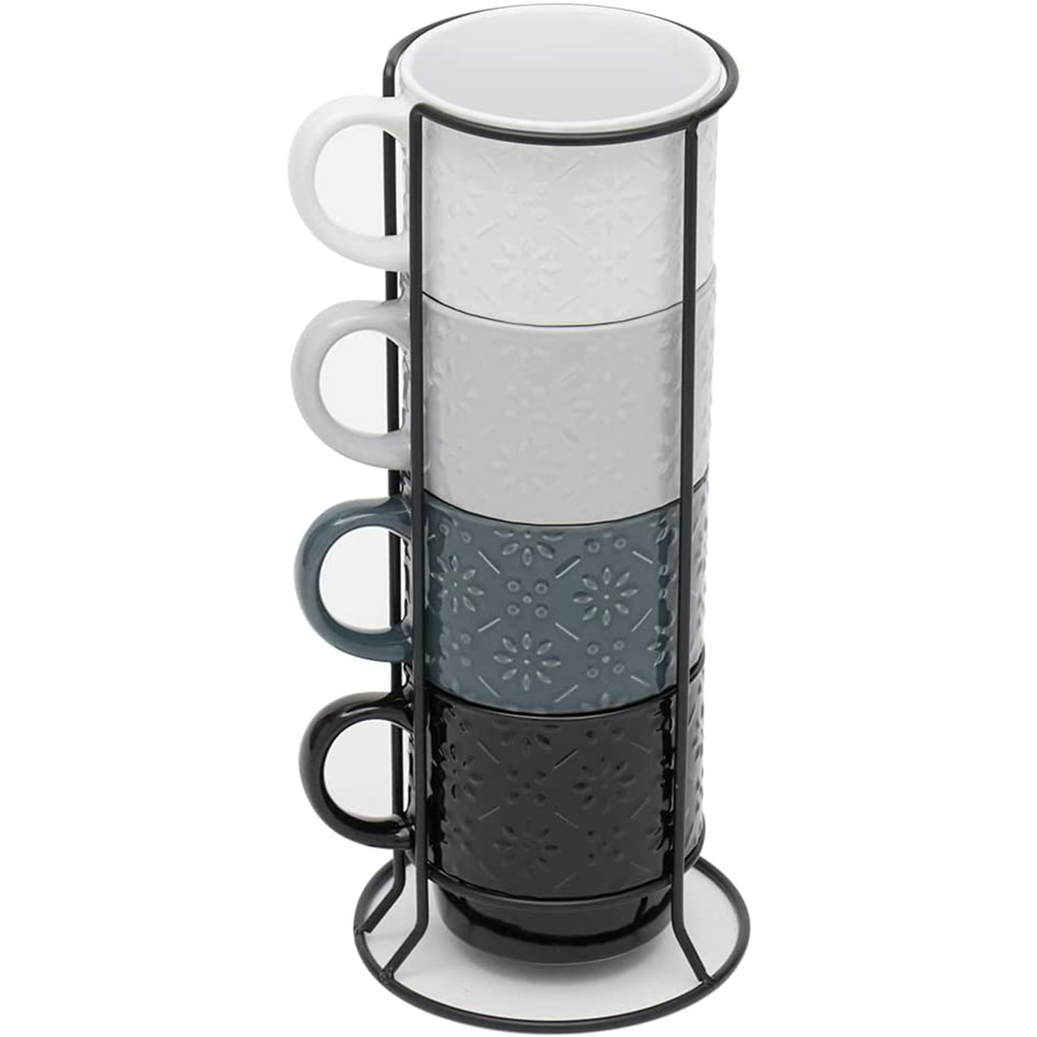 Home Basics 4 Piece Stackable Mug Set with Stand, Embossed Daisy