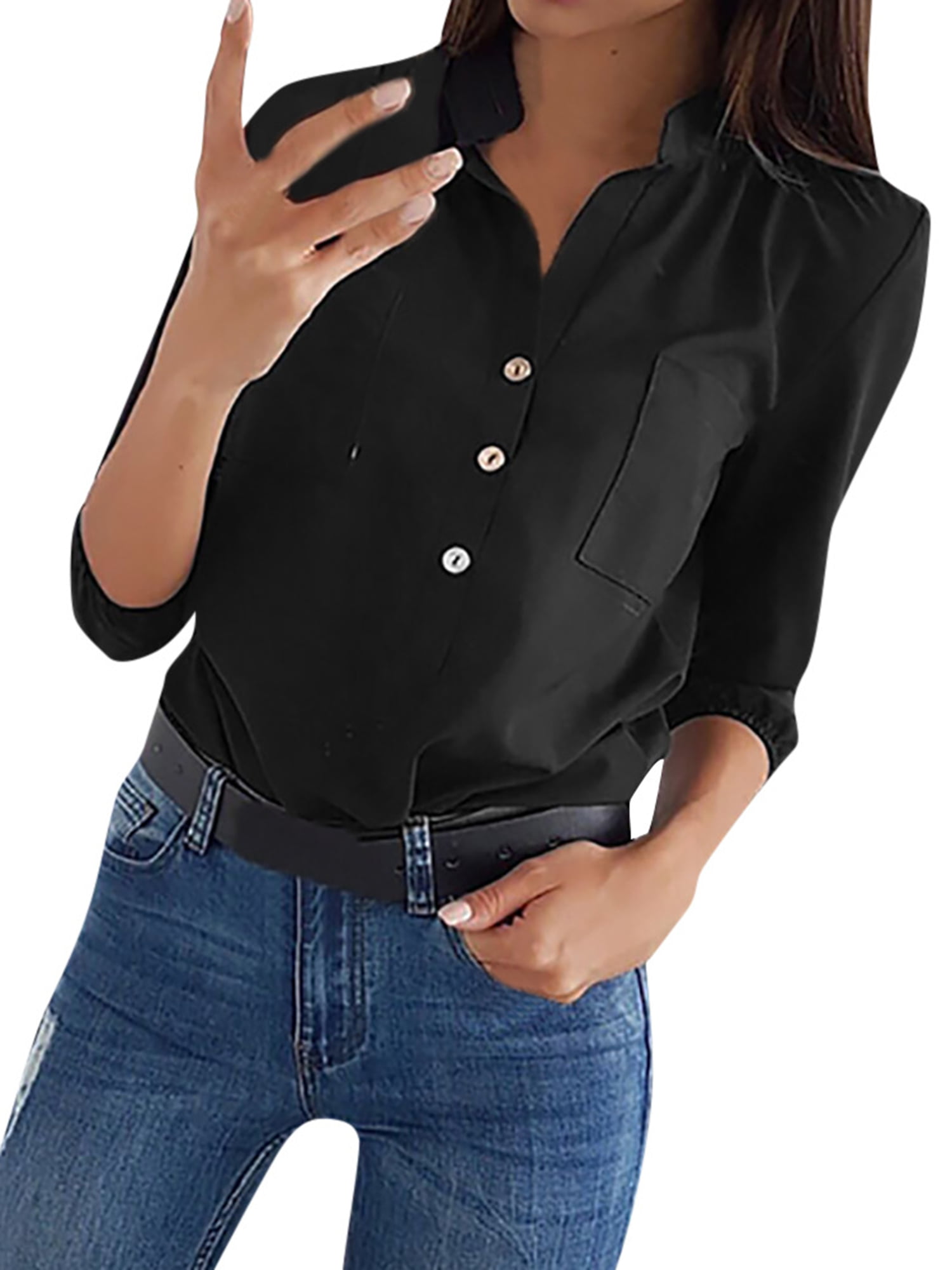 Famulily Tops for Women Pullover Sweater Plus Size Solid V Neck Button Up Slim fit Long Sleeve Blouse 