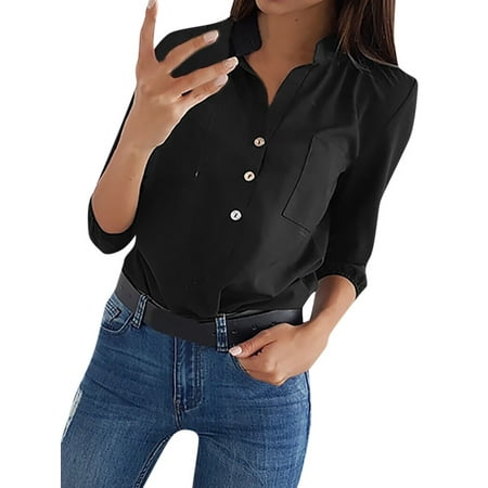 Long Sleeve Blouse Tops for Women, Women's Casual Basic Work Pullover Sweatshirts for Juniors, Green / Black V Neck Button Down Shirts Tee Top for Ladies,
