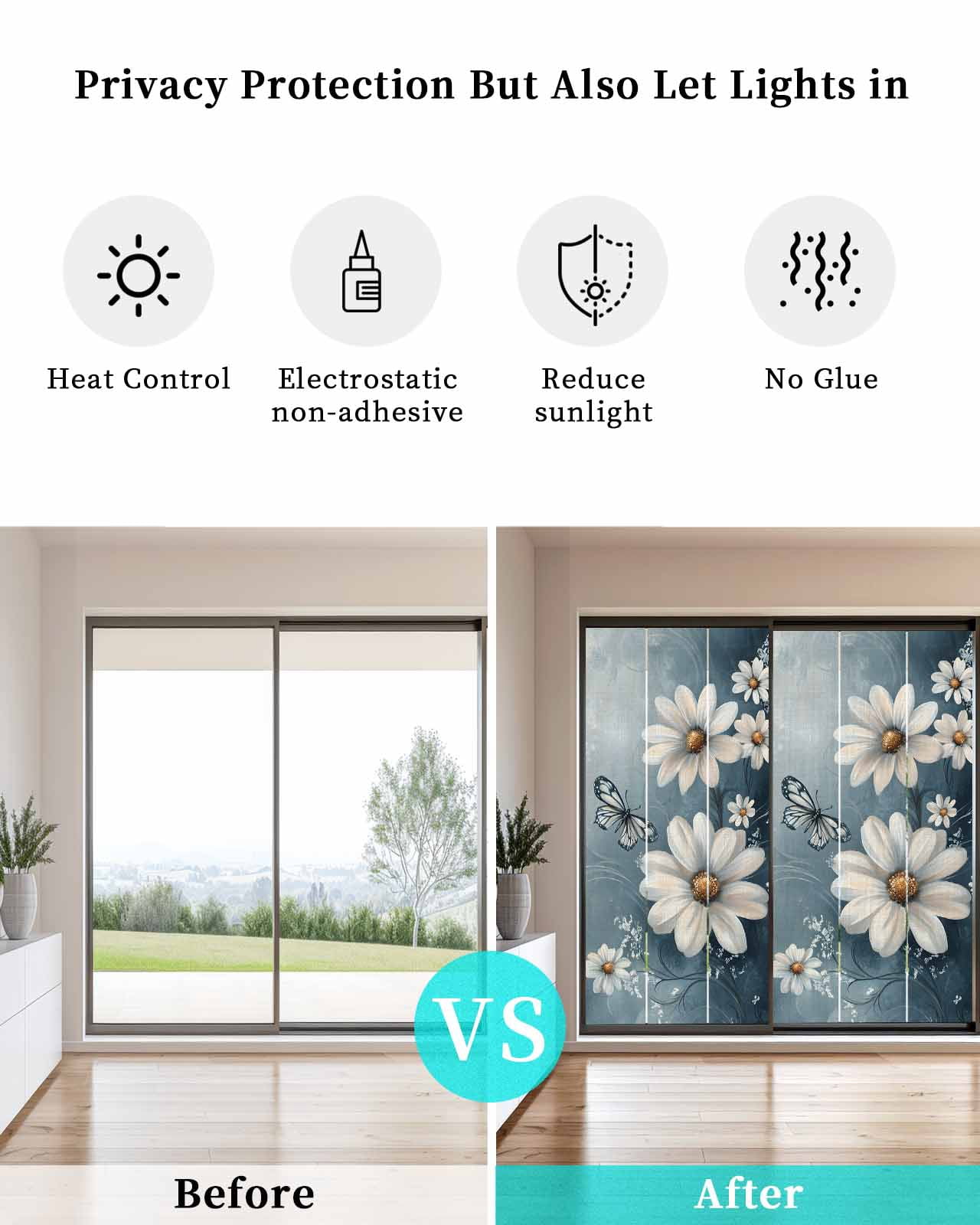 Window Privacy Film Elegant White Daisy Stained Glass Window Film Decorative Sun Block Window Cover Pastoral Vintage Butterfly Floral Window Clings Static Adhesive Sticker for Bathroom 29.5"x78.7"