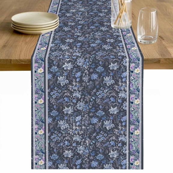 Navy Blue Floral Table Runner - 72 Inch Long Ethnic Tribe Abstract Art Flowers Cotton and Linen Blended Dress Scarves Farmhouse Table Runner for Kitchen Dining, Coffee Table, 13" x 72"