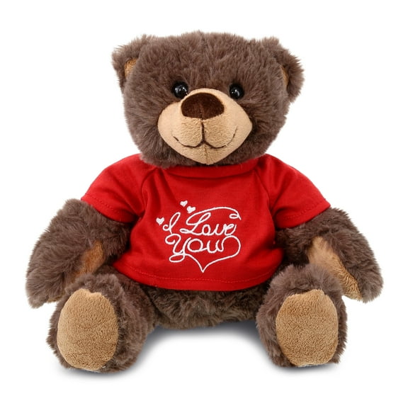 DolliBu I LOVE YOU Brown Bear with Red Plaid Hoodie Plush- Cute Stuffed Animal with Red Shirt For Valentine, Anniversary, Romantic Date, Boyfriend, Girlfriend Gift - 10 Inches