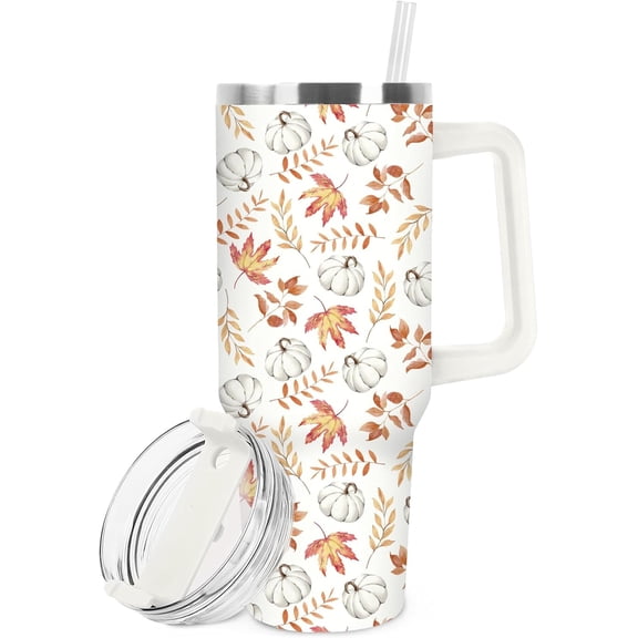 Fall Tumbler with Straw and Lid White Pumpkin Leaves Stainless Steel Travel Coffee Tumbler Cup with Handle for Autumn Thanksgiving Party Home Office Supplies