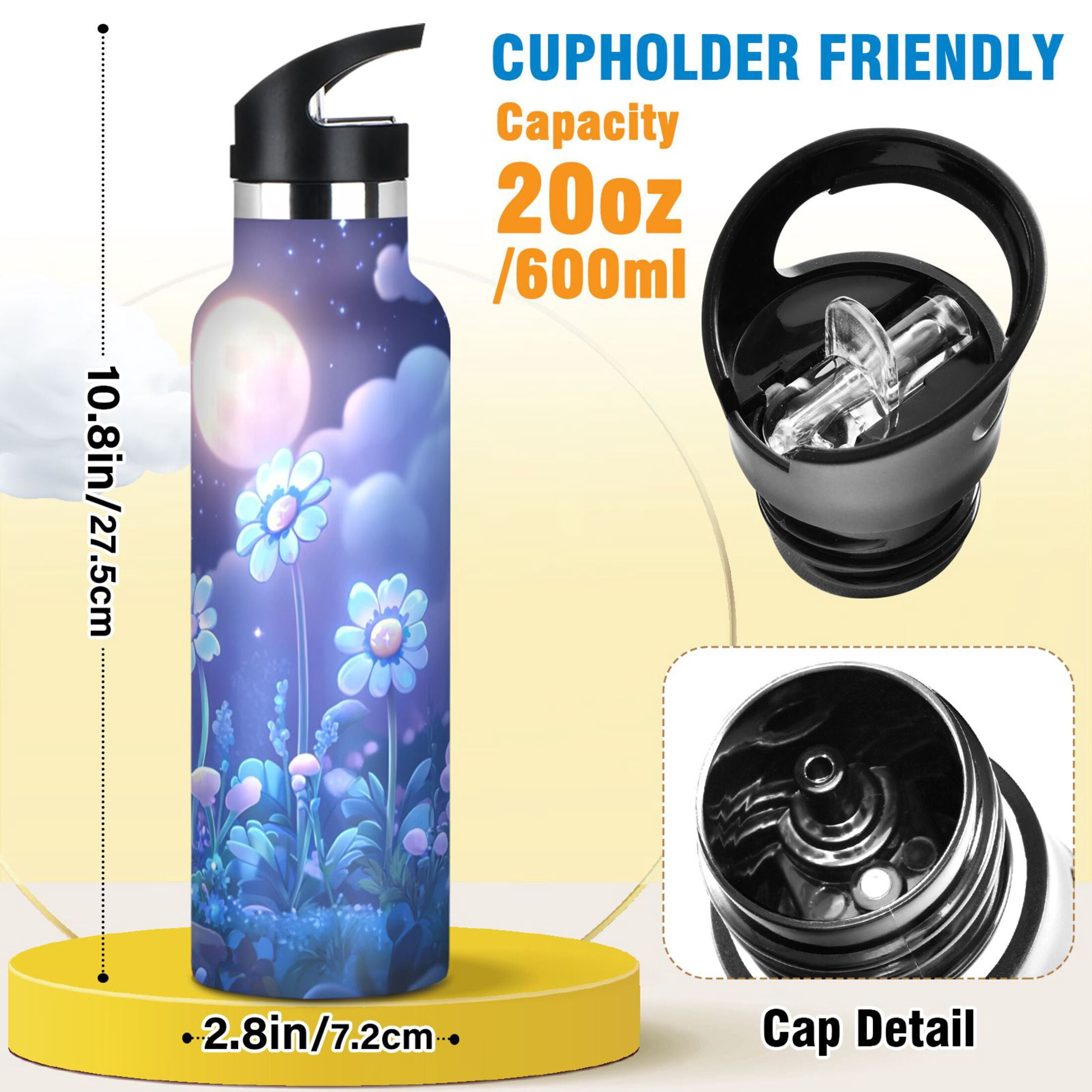 Kids Insulated Stainless Steel Sports Water Bottle 600ml (20oz) Glowing Flowers