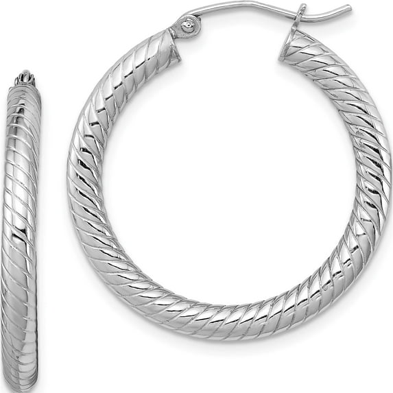 Sterling Silver Rhodium-Plated Textured 3.00mm Hoop Earrings (28 X 27) Made In Indonesia qe841