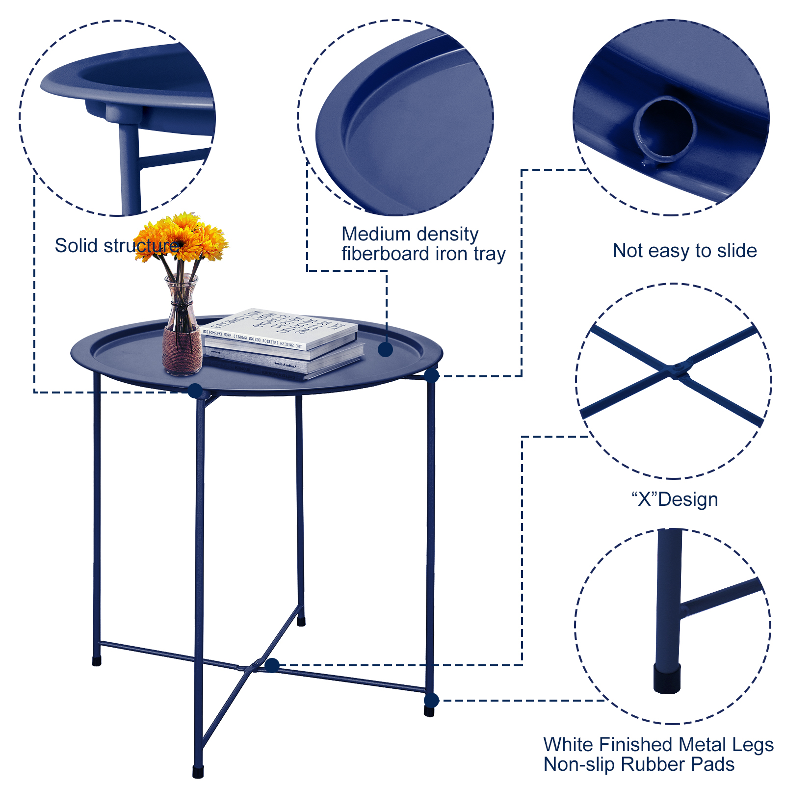 Folding Tray Metal Side Table Round End Table,Dark Blue Sofa Small Accent Fold-able Table, Round End Table Tray, Next to Sofa Table, Snack Table for Living Room and Bed Room - image 4 of 6