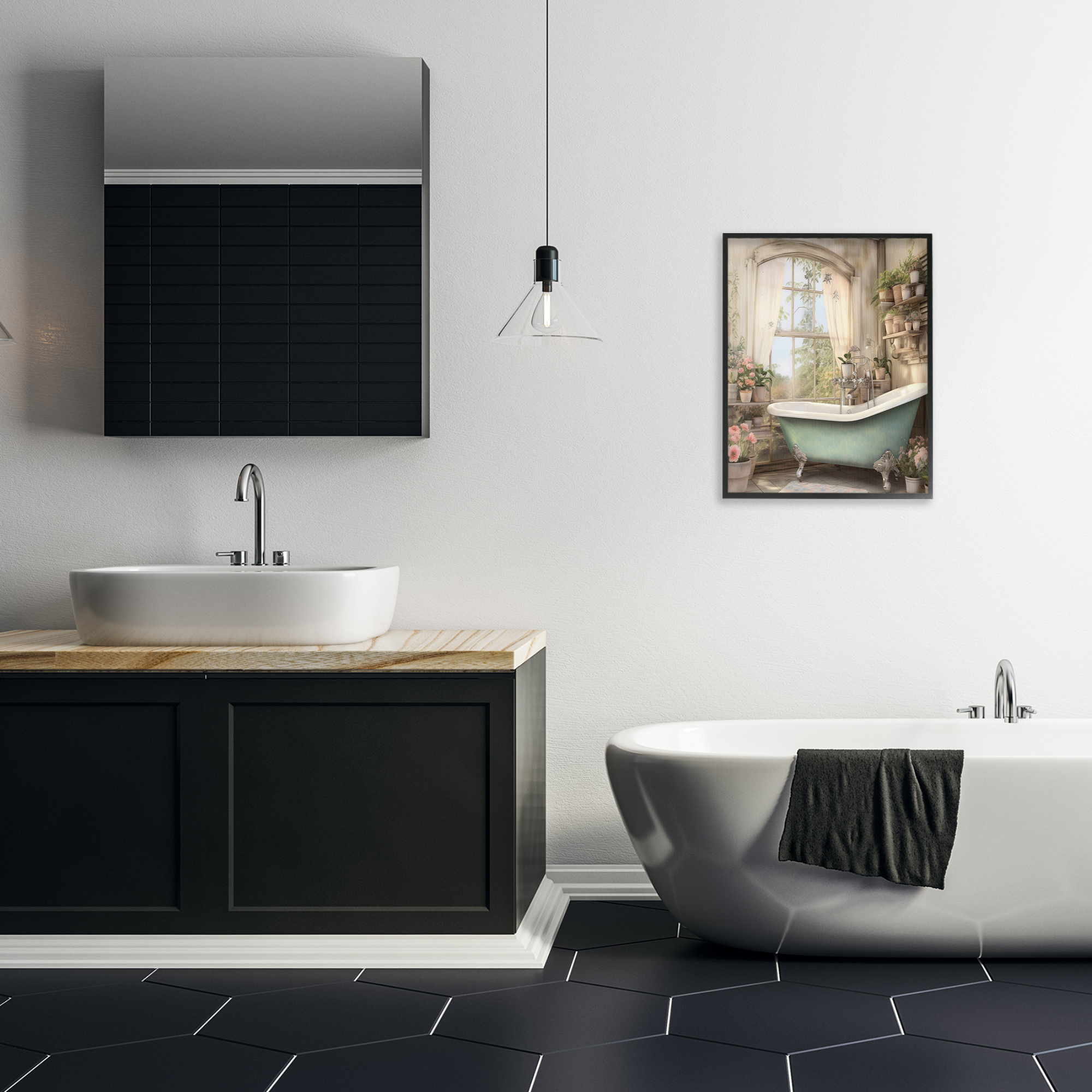 Bathroom with Floral Filled Shelves Black Framed Giclee Art, design by Lettered and Lined