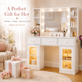 thumbnail image 2 of Ktaxon Makeup Vanity with Lighted Mirror, Vanity Table with Glass Table Top and Charging Station for Bedroom, White, 2 of 10