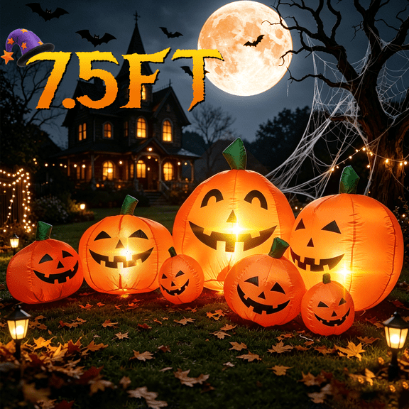 7.5 FT Long Halloween Inflatables Pumpkin Family Lighted,7 Pumpkins Blow Up Yard Decoration, Built-in LEDs, Stakes & Tethers Included for Outdoor Lawn Garden Halloween Decor