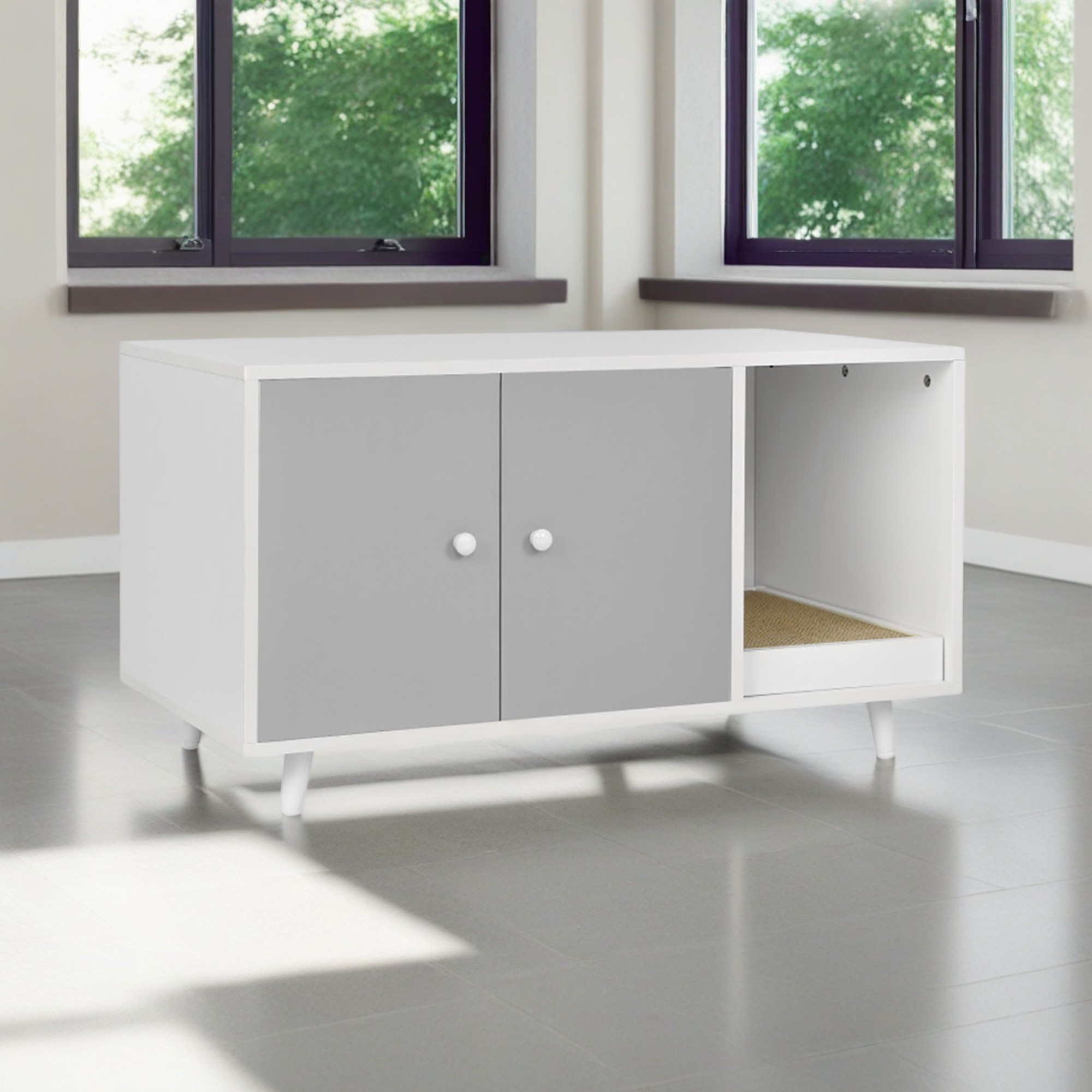 resenkos 35" Cat Litter Box Enclosure Hidden Litter Box Furniture, Wooden Cat Washroom Cat House with Scratch Pad, Gray