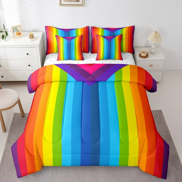 Rainbow Full Comforter Set - 7 Pieces Bed in a Bag Set,Multicolor Striped Bedding Sets Full with Colorful Triangle Geometry Quilted Comforter,Flat Sheet,Fitted Sheet,Pillowcases