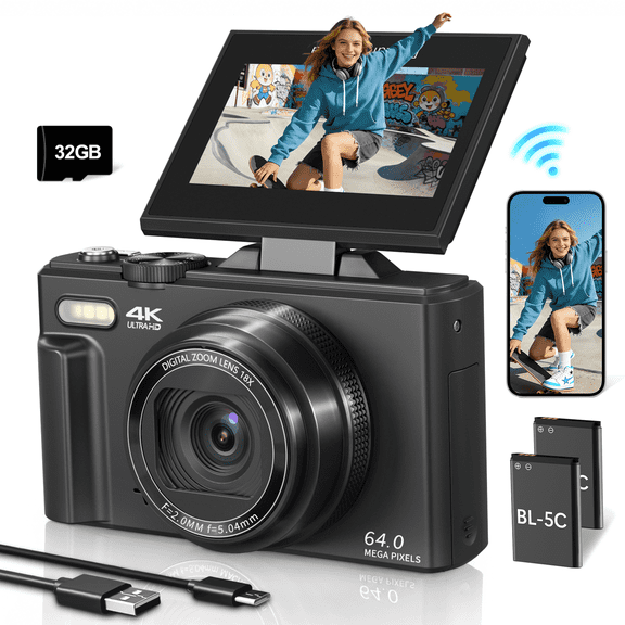 Lmzour 4K 64MP Digital Camera, 18X Digital Zoom WiFi Vlogging Camera for YouTube with 180° Flip Screen and 32GB Card