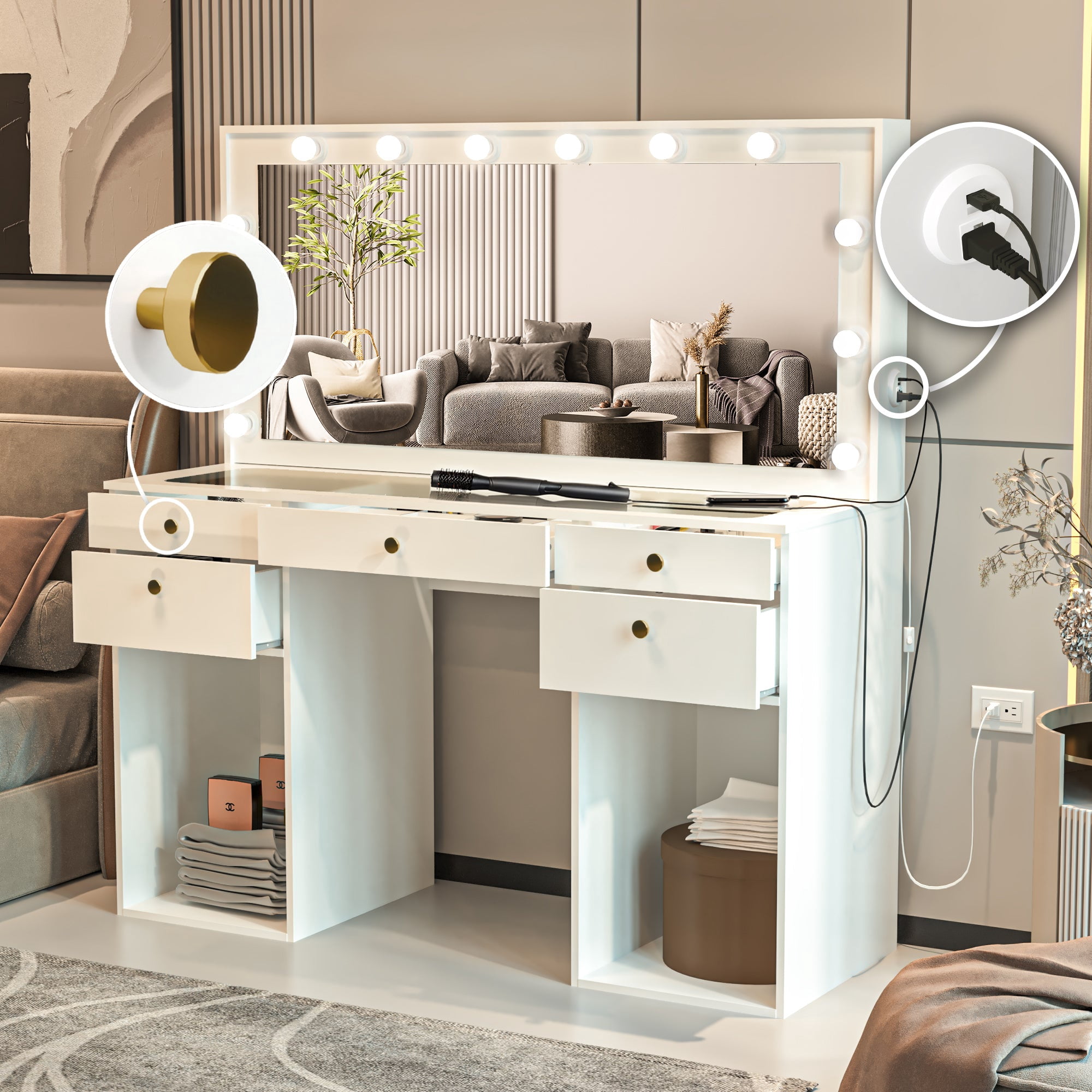 Ember Interiors Large Makeup Vanity for Bedroom with Mirror, Lights, 5 Drawers, Golden Knobs, White