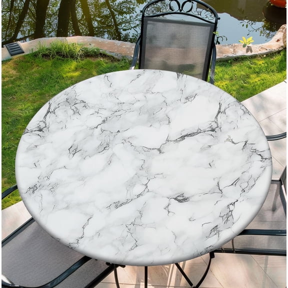 Waterproof Tablecloth with Elastic Tablecloth for Round Tables 36"-70" for Indoor Outdoor Patio Use, 44Inch, White and Gray Marble