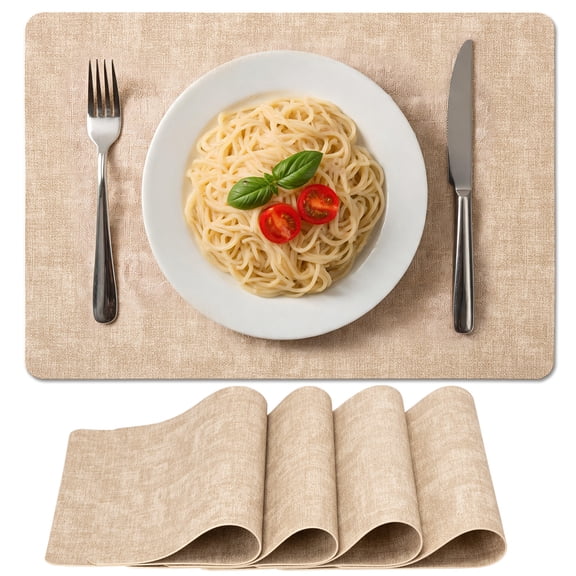 GMDISC Placemats Set of 4, Easy to Clean, Waterproof, Heat Resistant, Wipe Clean Faux Leather Dining Table Place Mats, Beige, Rectangle 17''×12''